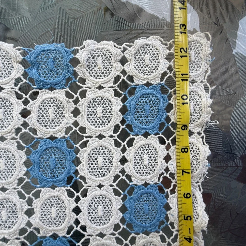 Vintage Crochet Lace Table Runner Set Blue White Floral 5 Piece Cottagecore